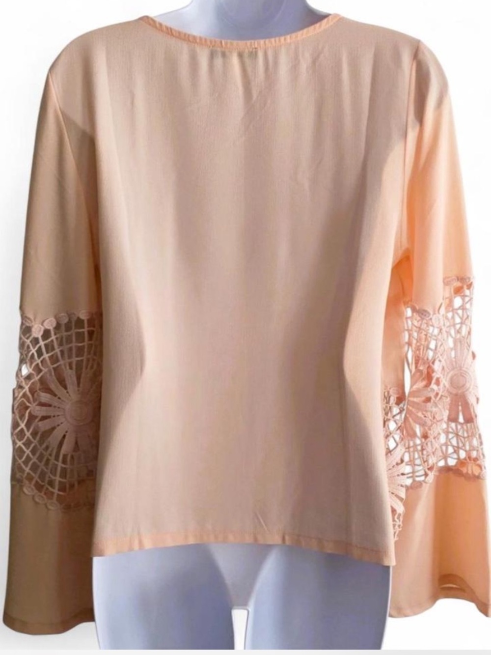 Vintage boho Women's Blush Pink Crochet-Hem Long Sleeve Top - Picture 6 of 8